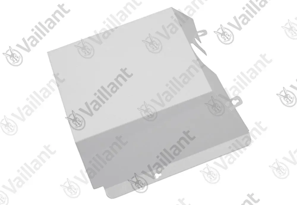 Weißer Brennerabdeckung von Vaillant, rechteckige Form mit seitlichen Befestigungsnasen. Geeignet für bestimmte Modelle und als Teil der Heizungsanlage.